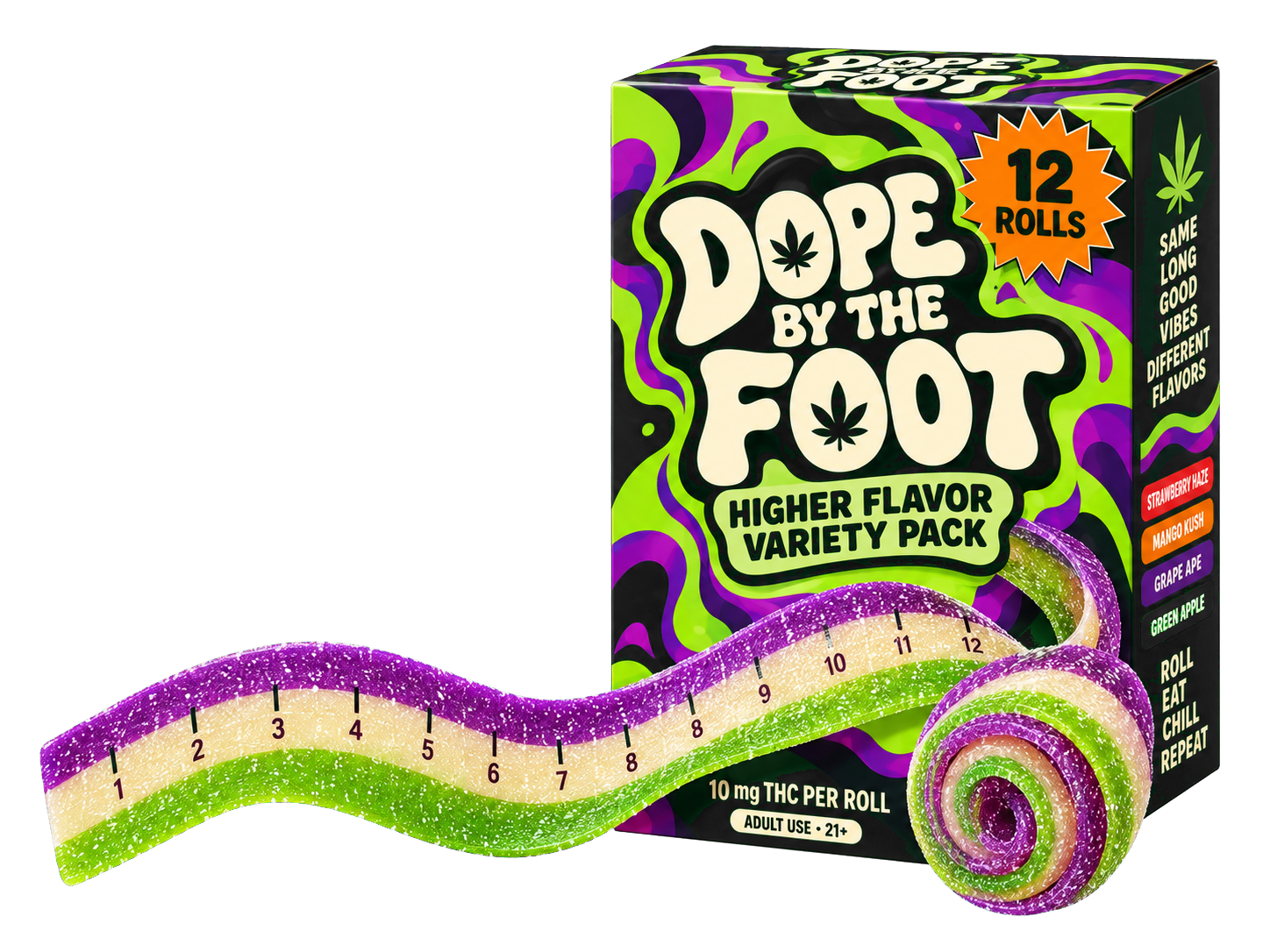 DOPE BY THE FOOT Higher Flavor Variety Pack box with a foot-long sugar-coated gummy tape unrolling beside it, marked with inch ticks